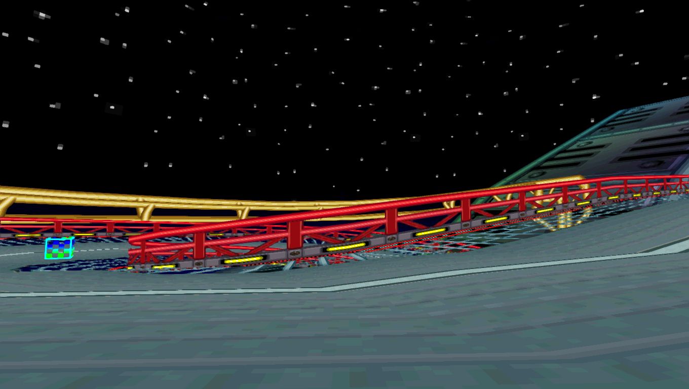 Vista in un punto alto con prospettiva inclinata del circuito in questione, visuale bassa che inquadra una parte strana della strada e molto cielo, con una parte della struttura indiscernibile in lontananza.